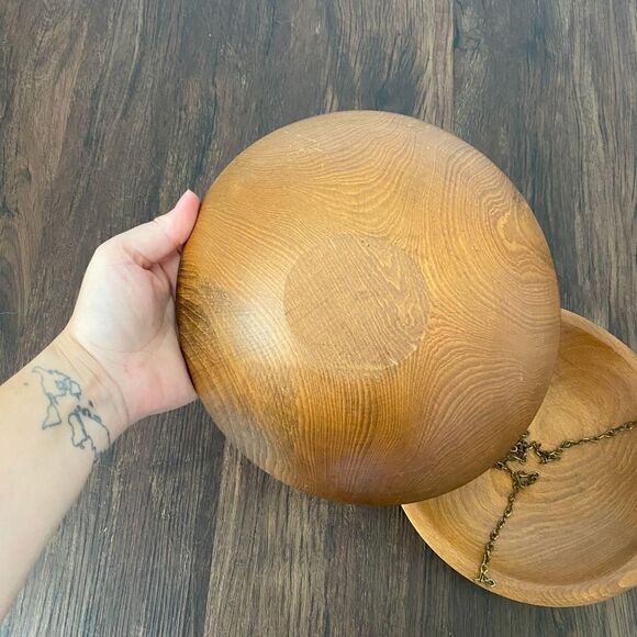 Set of 2 MCM Dark Wood Ceiling Hanging Basins Bowls Bird Bath / Planters - Picture 5 of 5